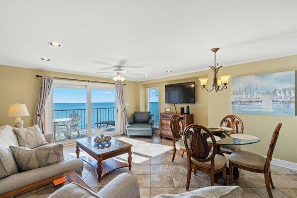The ocean front living room is fabulous for movie night with the family.