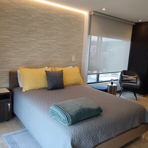 Vista del dormitorio , ropa de cama premium.