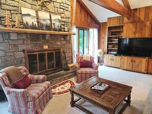 Stone wood burning fireplace