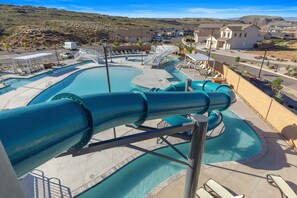 Water slide, Lazy River, Splash Pad, and Hot tub