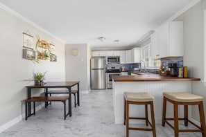 The full size kitchen has all of the essentials you need to prepare meals for you and your family during your stay.