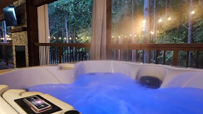 A four-person hot tub awaits after a day of exploring.