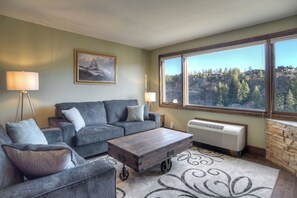 Comfortable Living Room with Sleeper Sofa, Fireplace, TV, Views