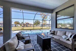 Spacious lanai with private pool. Lanai also features a table top fire pit, outdoor kitchen, sun loungers and dining table that seats 6