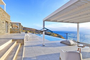 Part of the terrace, pool and shaded areas