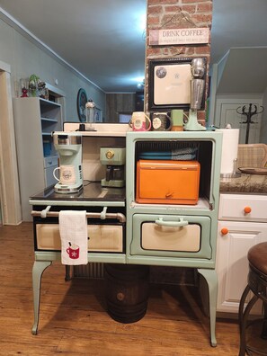 Old gas stove COFFEE BAR with coffee press, K-cup, drip coffee maker, milkshake 