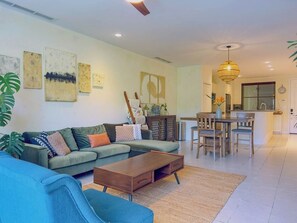 The condo features a modern, comfortable design.