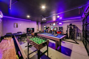 shuffleboard, fooseball, pool table