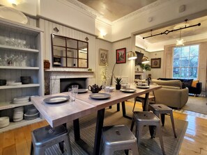 The dining room during the evening and looking towards the reception.