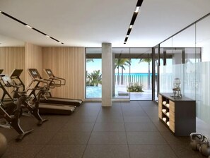 Shared gym with stunning sea and pool views.
