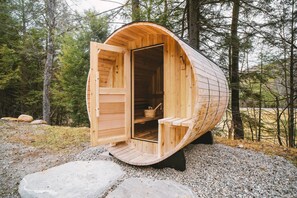 Our cedar barrel sauna exclusively for guests of Camp Greenwood. 