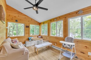 Indoors, Hardwood, Stained Wood, Ceiling Fan, Furniture