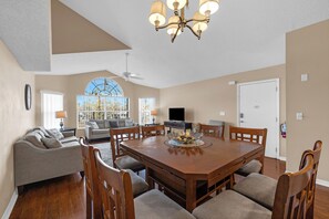 Dining table sits 8. Great for Meals and Games.