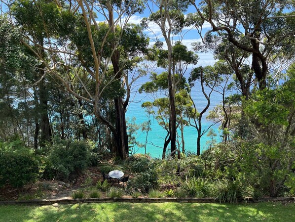 Lawn backyard bordering garden and clifftop reserve