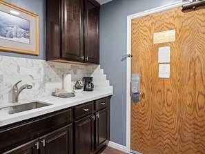 Sink, Coffee Maker, Microwave, and Mini Fridge