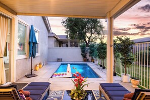 Pool, Spa and Firepit Area at Sunset