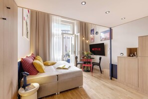 Lower floor with queen size bed - in case the apartment is occupied with 2 people only, it is prepared as lounge. If you wish to have it prepared as bed, please, let us know