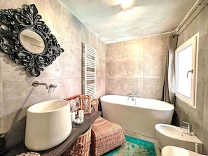 Interior Design, Flooring, Plumbing Fixture, Floor, Bathroom, Bathtub, Furniture, Room, Lighting, Home