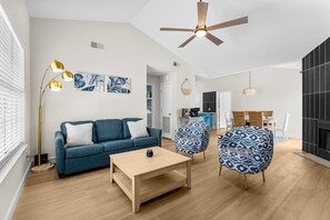 The new livingroom sofa pulls out into a comfortable, queen size sofa sleeper.