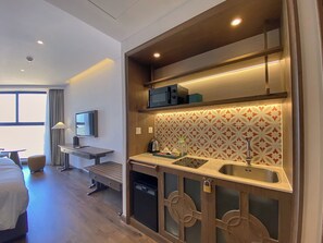 Small kitchen. We have stove, small fridge, microwave, kettle
