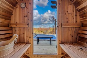 Relax and recharge in our redwood barrel sauna, surrounded by scenic mountain beauty