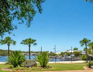 This gated community offers a prime waterside location with access to the Sandy Bay Beach Park.