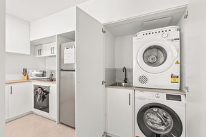 Washer and dryer, airer, ironing board and iron. Very easy stay with all these facilities
