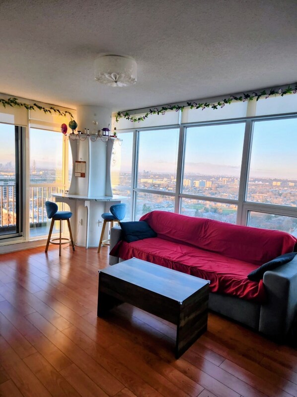 Bright living room with SE view