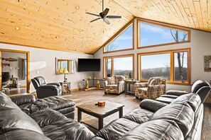 Large open living room with vaulted ceiling