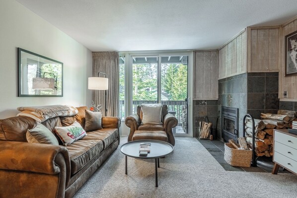 Living Room, Wood Burning Fireplace, Queen Sleeper Sofa, Deck  and flat screen TV