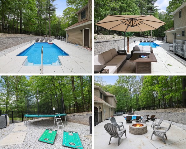 ☀️ Pool is Open! ☀️ Dive into summer fun with your own private heated pool, comfy lounge seating, fire pit hangout, and even a trampoline and yard games—everything you need for a perfect getaway!