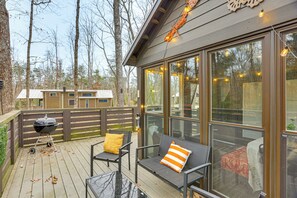 Private Deck | 2-Story Cabin | Charcoal Grill | Fire Pit Area