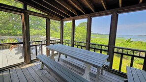 Screen porch with picnic table and Loagy Bay views