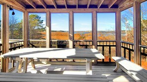Screened-in porch with furniture and ever-changing Loagy Bay views