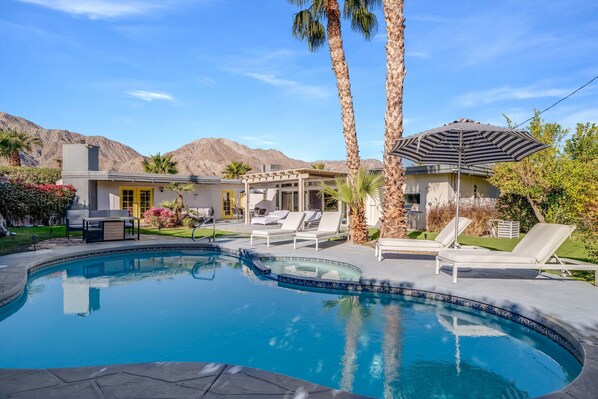 Large pool and hot tub in double lot backyard 