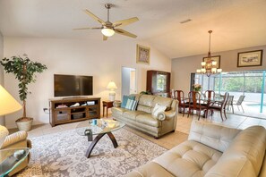 Spacious Living Room with Ceiling Fan