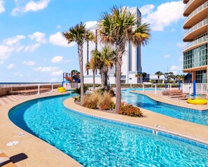 Zero entry pool, lazy river, water slide, indoor heated pool & hot tub