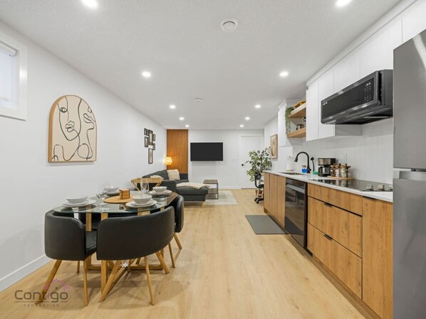 All the comforts of home, including a full kitchen.