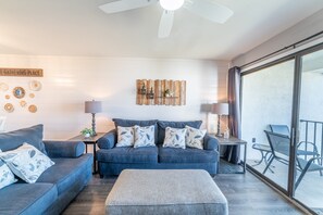 Queen sized sofa sleeper and overhead ceiling fan to keep you cool