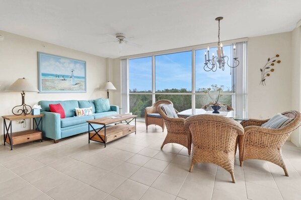 The larger of the two floorplans at Lovers Key Resort, this condo offers a comfortable space for up to 4 guests to enjoy.