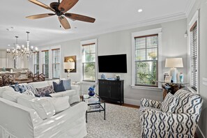 TV and seating in the living room.