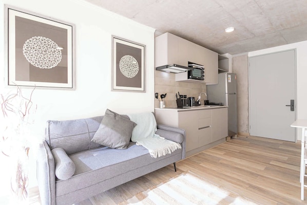 Chic studio living area with modern kitchenette, perfect for a cozy stay in the heart of Chile.
