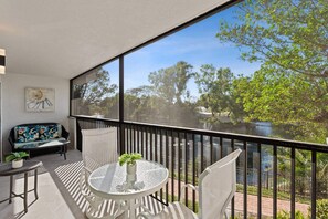 Guests will love the peaceful view and sound of the fountain just behind the condo 