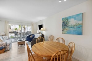 Dining area with a table to seat six