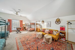 Bunk Room sleeps 9 min, 6 twin beds, convertible twin sofa, 2 rollaway twin beds
