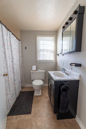 Newly renovated bathroom with shower/tub combo
