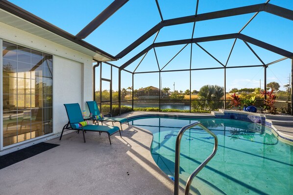 Lanai with pool & canal view