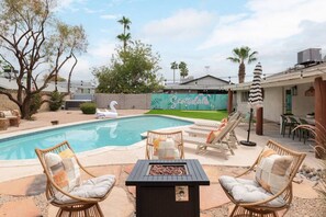Can you picture yourself enjoying a sunny day by the *heated pool, unwinding in the hot tub under the stars, and maybe even practicing your putting skills on the green. The firepit would be perfect for cozy evenings with friends or family.