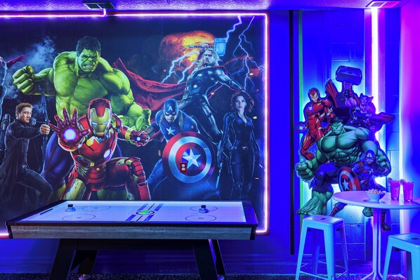 Avenger-themed game room.