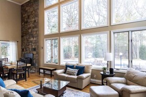 "Bright living room with forest views."